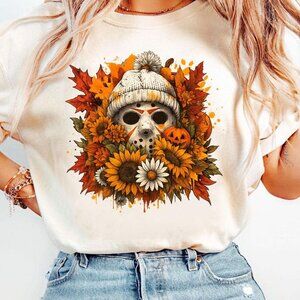 Floral Fall Horror Face T-Shirt, Scary Fall Shirt, Horror Funny Characters